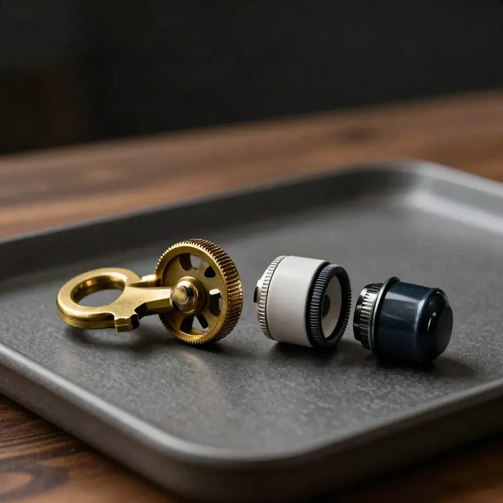 Brass key wheel, sealed token capsule and dark clip on a graphite tray in moody bokeh.