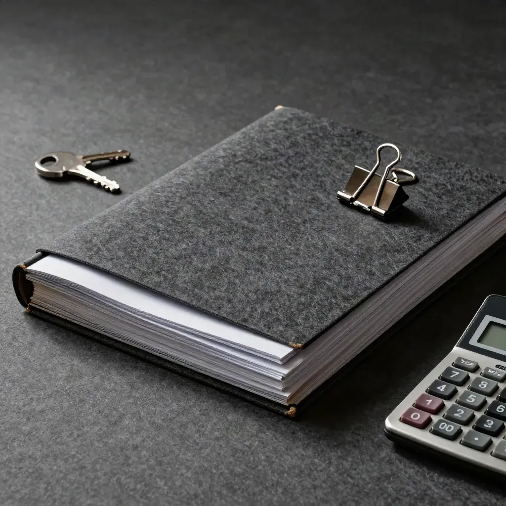 Report folios, steel binder clip, and turned calculator on charcoal felt
