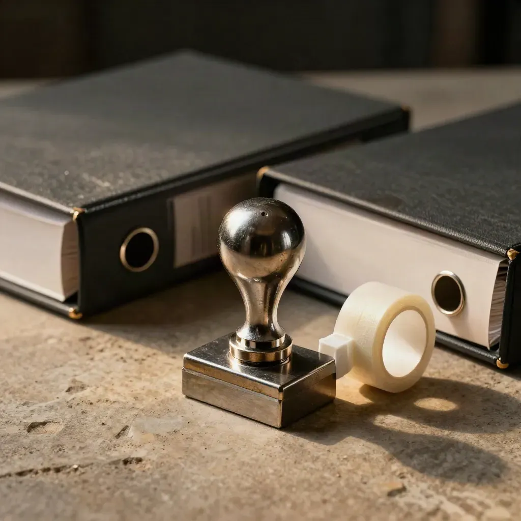 Audit binders, seal dispenser, and metal stamp block on warm stone in dark bokeh